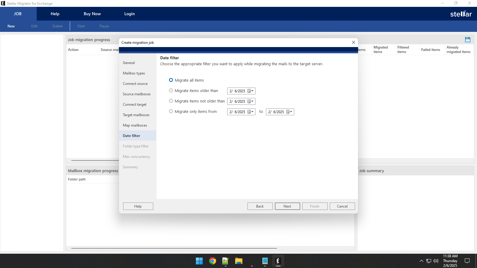 In the next step you can set a date filter to select items for migration based on their date. There are four options available to select items based on dates: